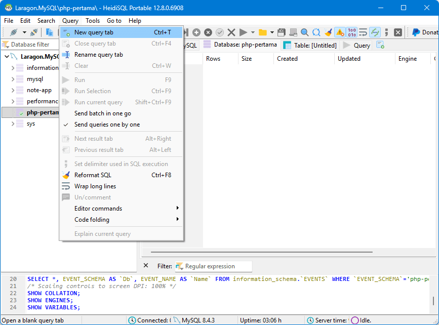 Membuka jendela query di HeidiSQL