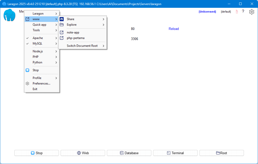 project berhasil dibuat dan tampil di menu laragon